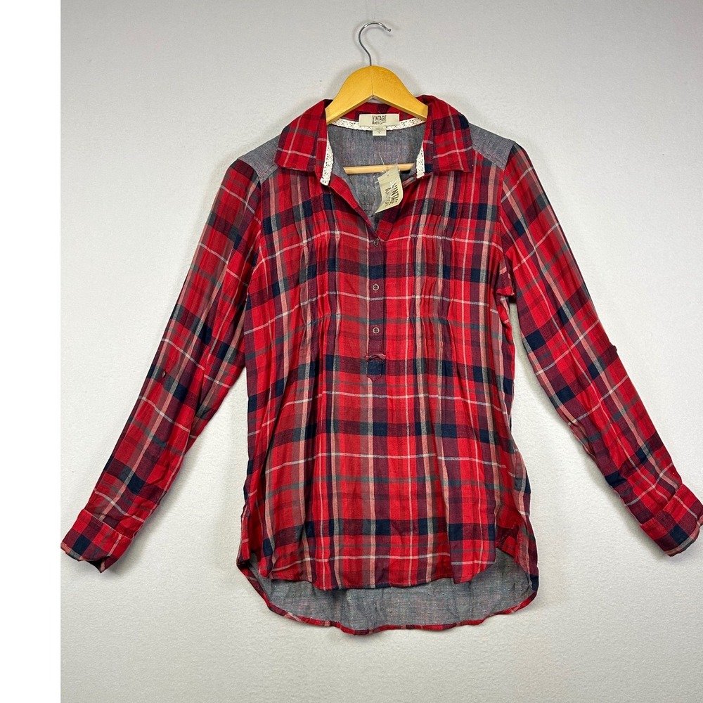 Farmcore Rustic Vintage America Blues Womens Sm Red Plaid Lace Trim Tunic Blouse